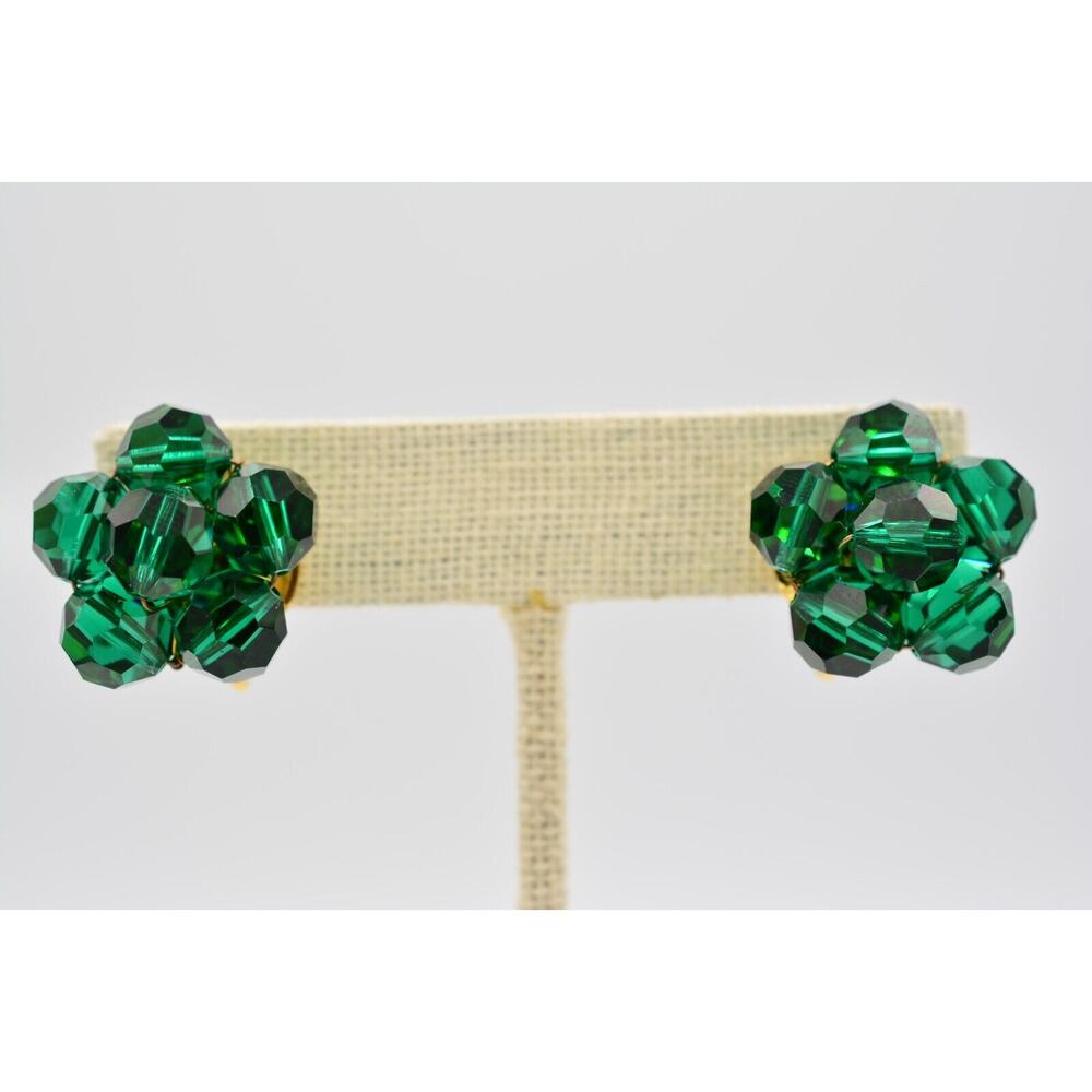 Excel Vintage Crystal Clip On Earrings Green Cluster Gold Sparkling Signed Bin1